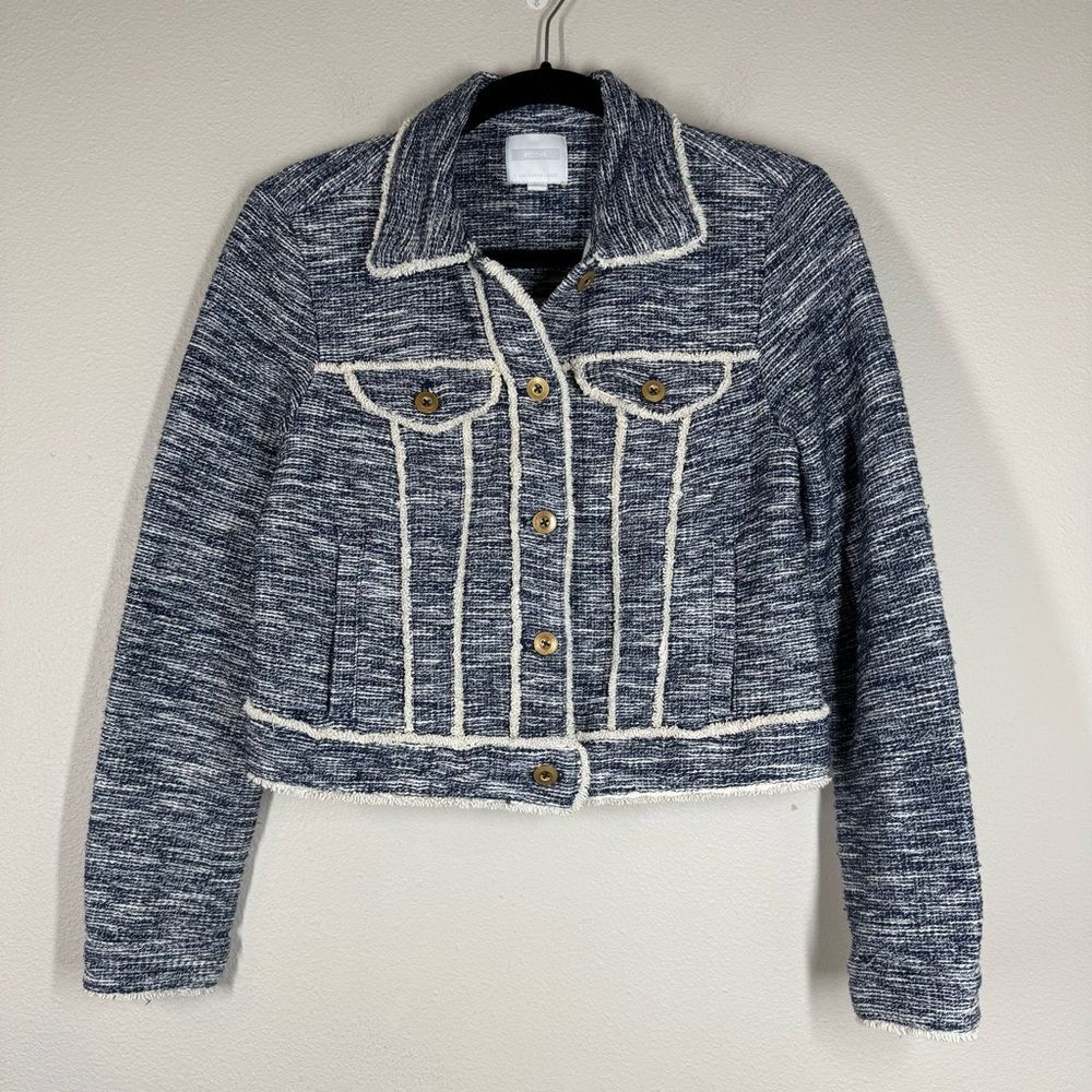 Anthropologie Ett:Twa Tweed Trucker Jacket Blazer Blue White Preppy Size Small